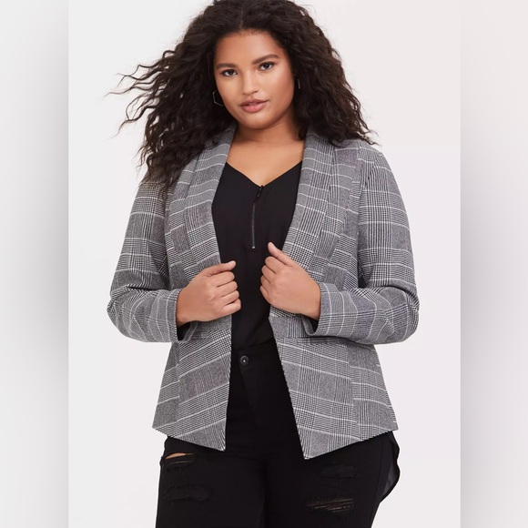 Torrid Black Grey Plaid Houndstooth Cutaway Stretch Blazer Women’s Size L Large - Picture 1 of 14